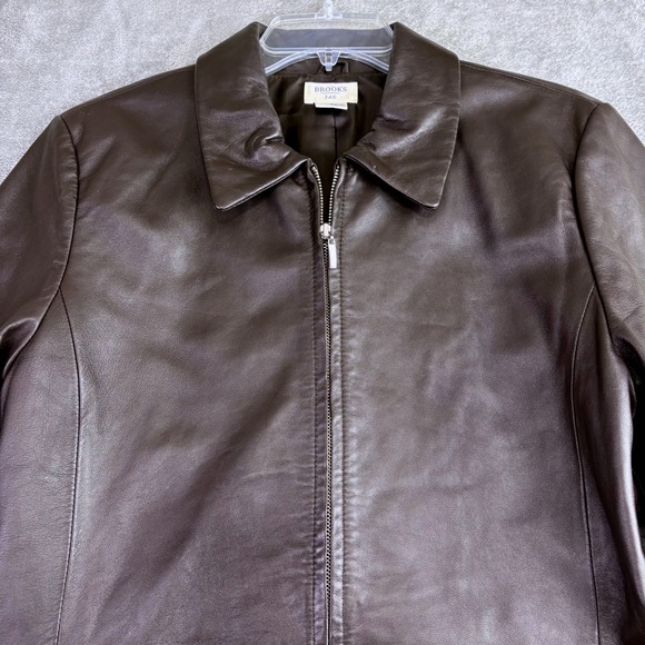 Brooks 346 Womens L Brown Leather Jacket Full Zip Collared Long Sleeve Classic - Picture 2 of 10